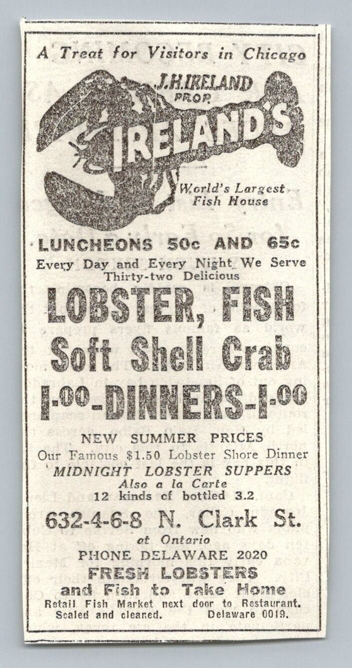 1933 Ireland's Fish House Chicago Ad 1930s Lobster Dinner Ephemera Rates